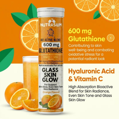 Nutrasium | 600 mg L-Glutathione tablets for Radiant Skin & Even Skin Tone | Glutathione Tablets For Skin Glow & Anti pigmentation | 30 Effervescent Tablets, Orange Flavour