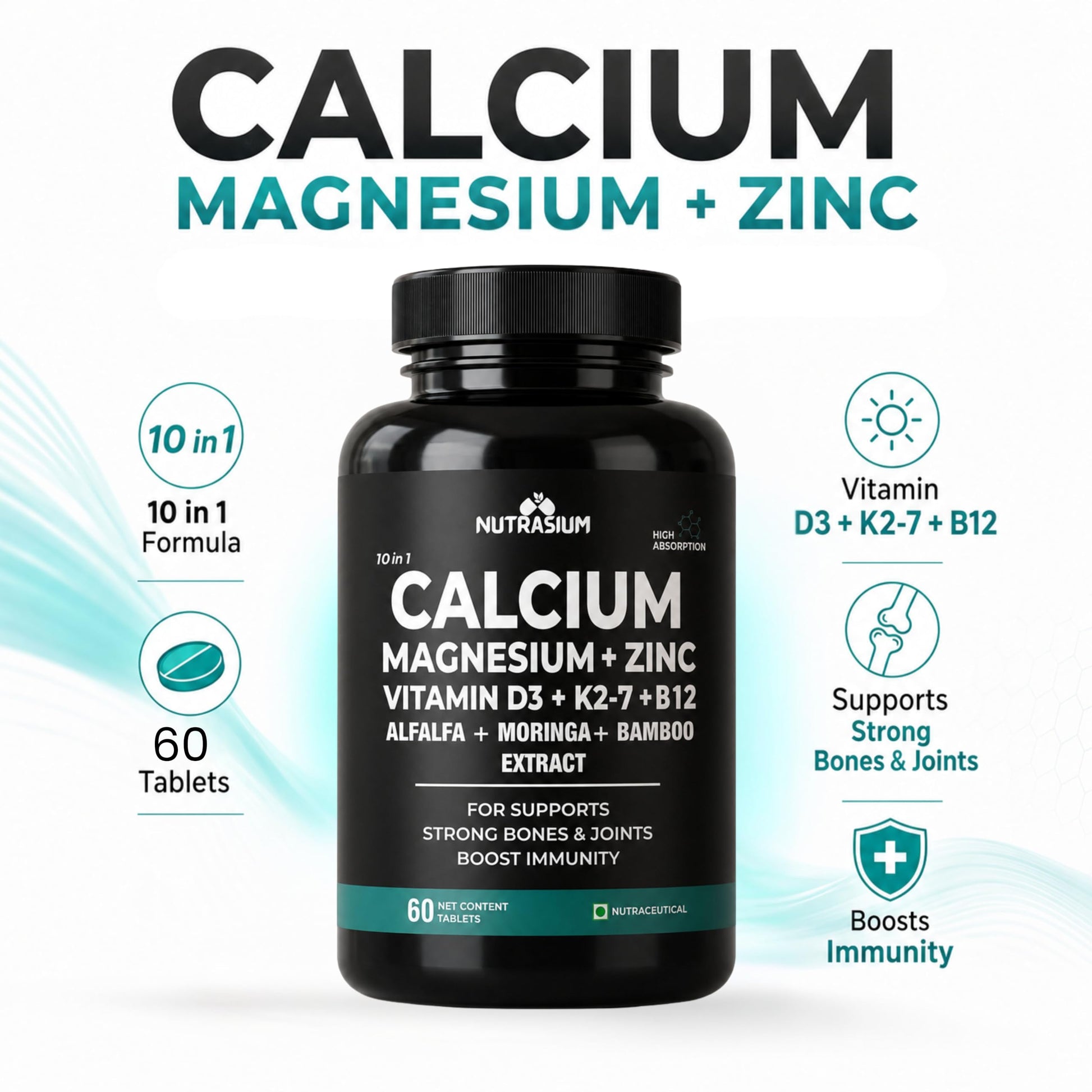 Nutrasium Calcium Magnesium Zinc Tablets with Vitamin D3, Vitamin K2-7 & Vitamin B12 | Alfalfa, Moringa & Bamboo Extract | High Absorption Mineral & Vitamin Supplement | 60 Tablets