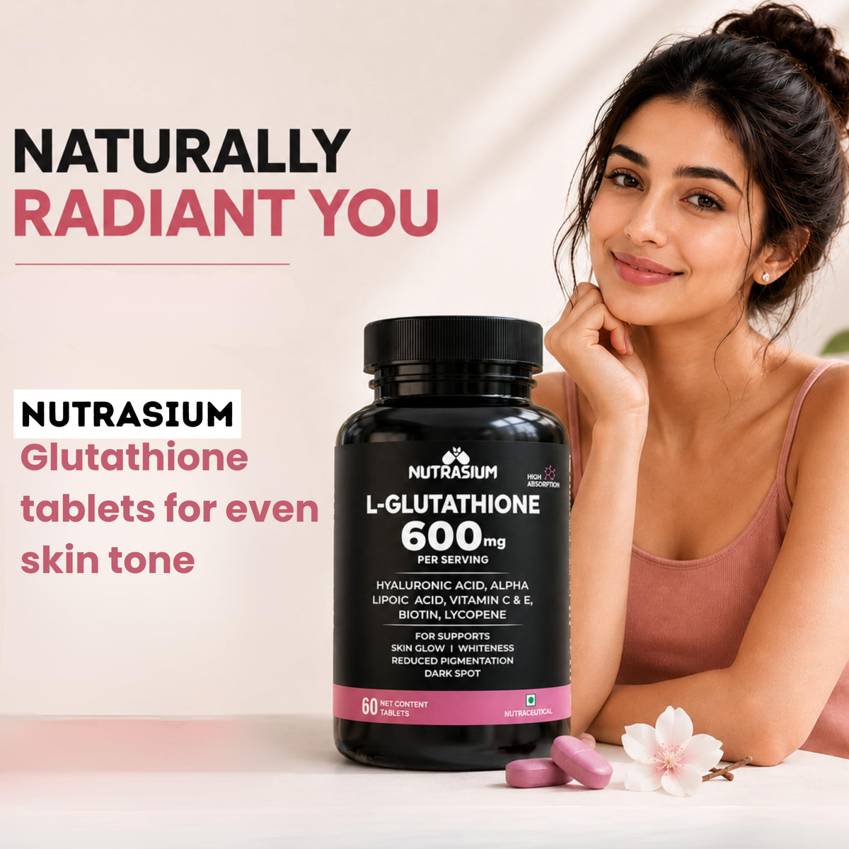 Nutrasium | Glutathione tablets for skin Glow | L-Glutathione 600 mg with Hyaluronic Acid & Biotin | For Skin Glow, Brightening, Hydration, Even skin tone & Skin Radiance | Added Vitamin C & E with Lycopene | 30 Tablets