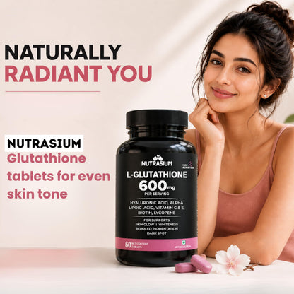 Nutrasium L-Glutathione 600 mg with Hyaluronic Acid & Biotin | For Skin Glow, Hydration, Even Skin tone & Skin Radiance | Reduce Pigmentation & Dark Spot | 60 Tablets