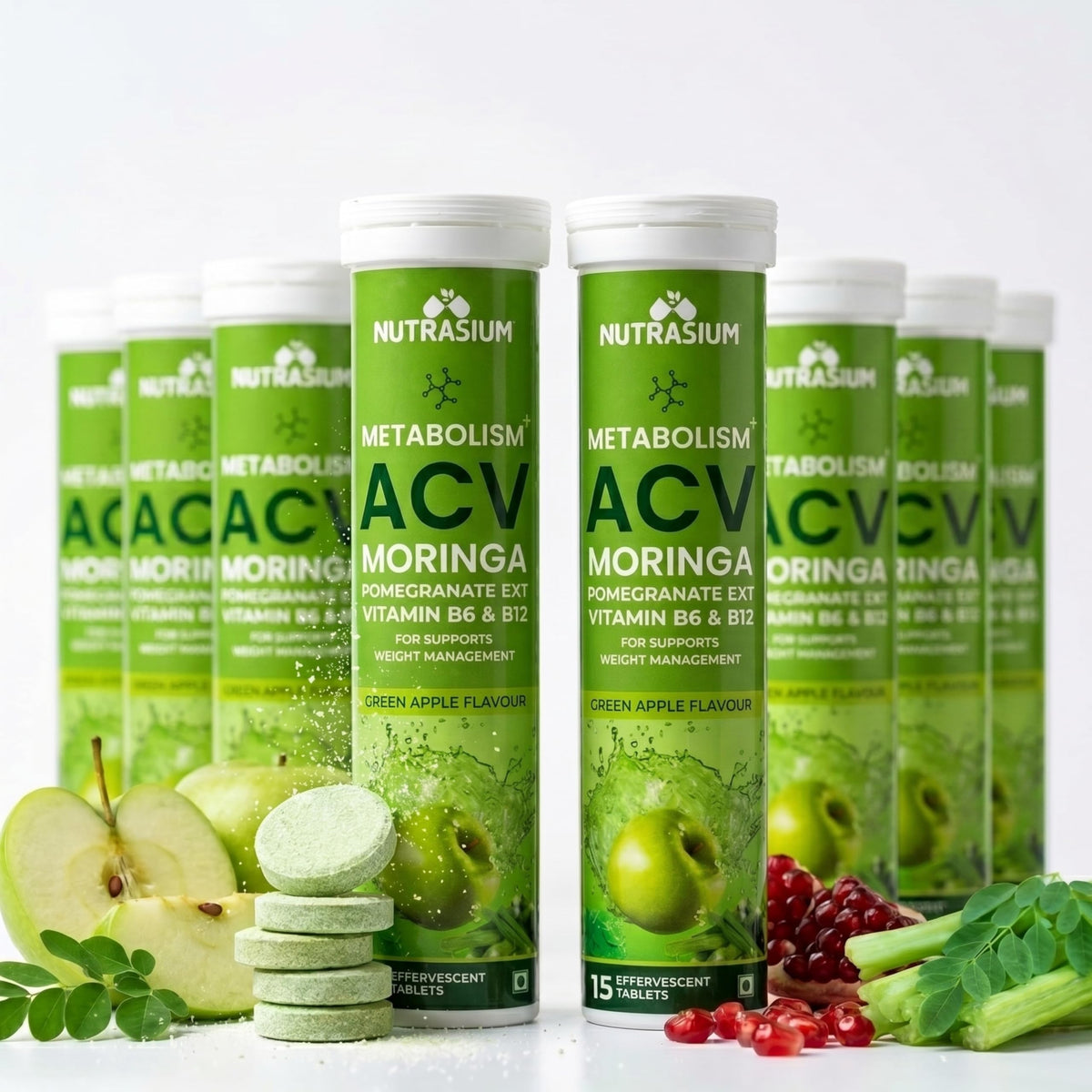 Nutrasium ACV Moringa Metabolism Plus | Apple Cider Vinegar Effervescent Tablet | For Supports Weight Loss, Control Cravings, Convert Fat Into Energy, Boost Energy & Immunity | 120 Tablets Green apple