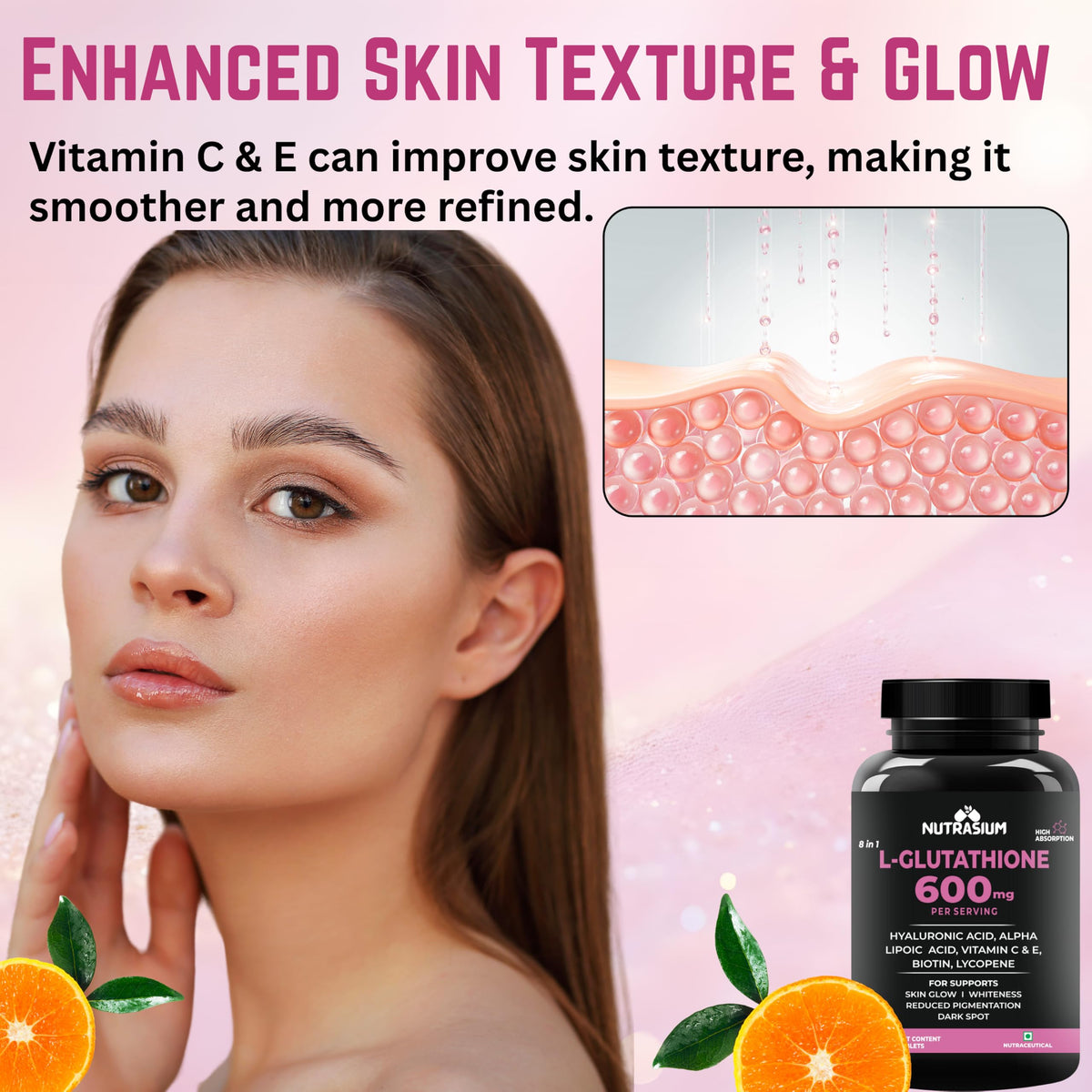 Nutrasium L-Glutathione 600 mg with Hyaluronic Acid & Biotin | For Skin Glow, Hydration, Dark spot & Skin Radiance | Added Vitamin C & E with Lycopene | 90 Tablets
