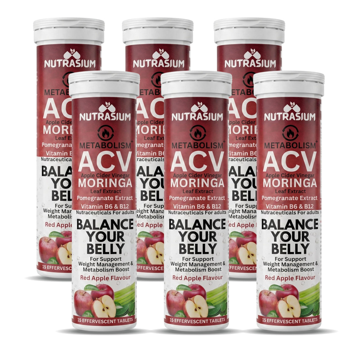 Nutrasium ACV Moringa Metabolism Plus | Apple Cider Vinegar Effervescent Tablet | For Supports Weight Loss, Control Cravings, Convert Fat Into Energy, Boost Energy & Immunity | 90 Tablets Red Apple