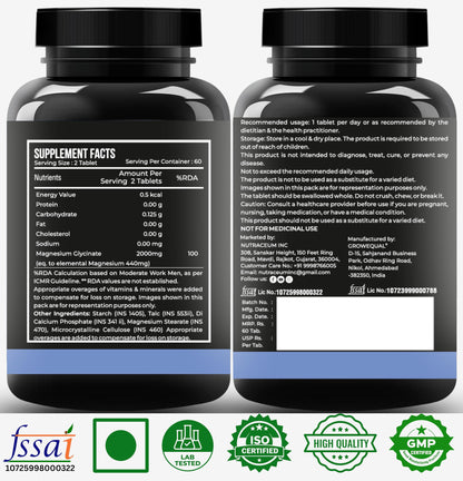 Nutrasium Magnesium glycinate 2000 mg Per Serving | Chealted & High Absorbtion | For Deep Natural Sleep, Muscle Relaxation, Supports Heart & Nerve Function | 60 Tablets
