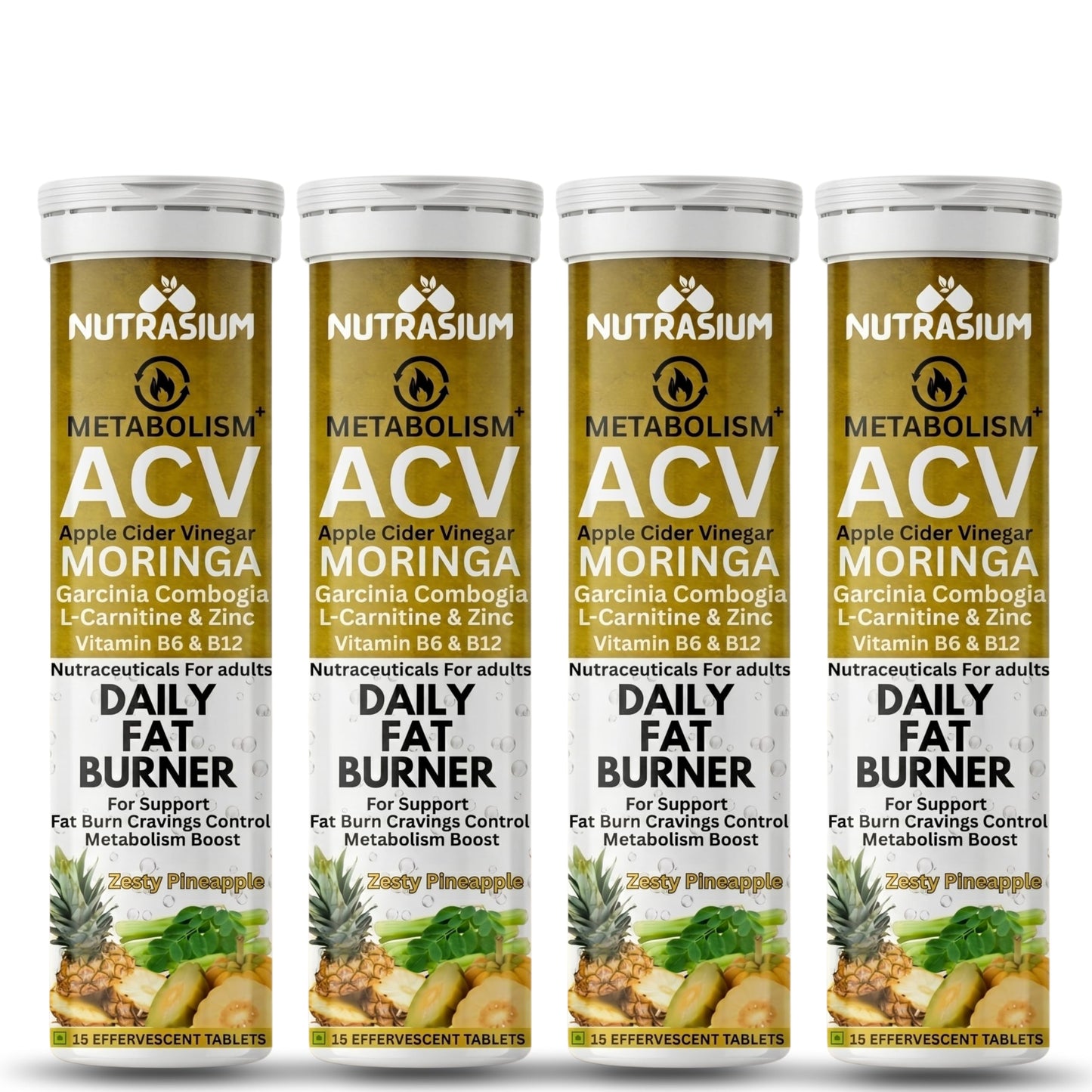 Nutrasium ACV Moringa Metabolism Plus | Apple Cider Vinegar Effervescent Tablet | Added L-Carnitine & Garcinia Combogia Extract | For Supports Weight Loss, Control Cravings, Convert Fat Into Energy, Boost Energy & Immunity | 60 Tablets Pineapple