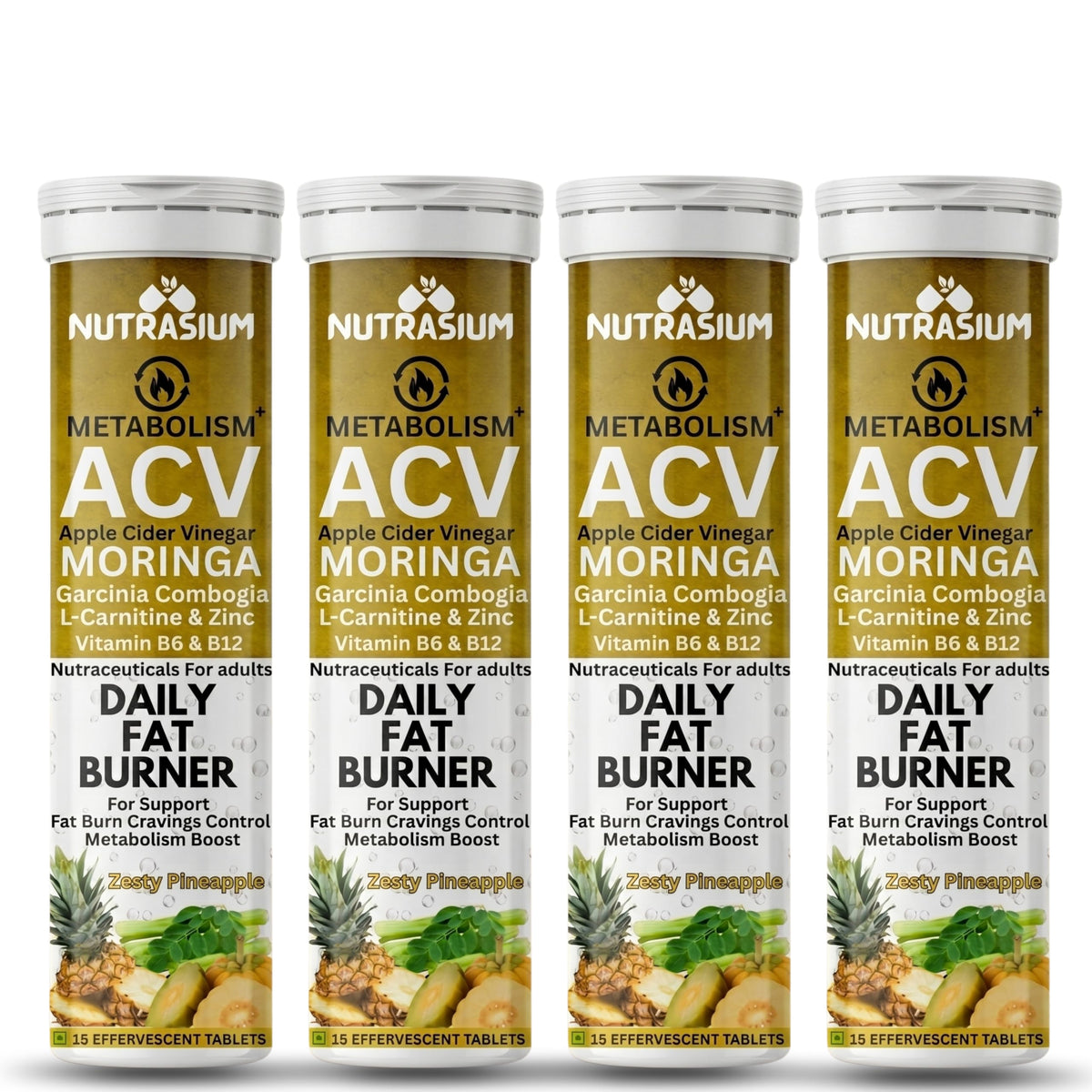 Nutrasium ACV Moringa Metabolism Plus | Apple Cider Vinegar Effervescent Tablet | Added L-Carnitine & Garcinia Combogia Extract | For Supports Weight Loss, Control Cravings, Convert Fat Into Energy, Boost Energy & Immunity | 60 Tablets Pineapple