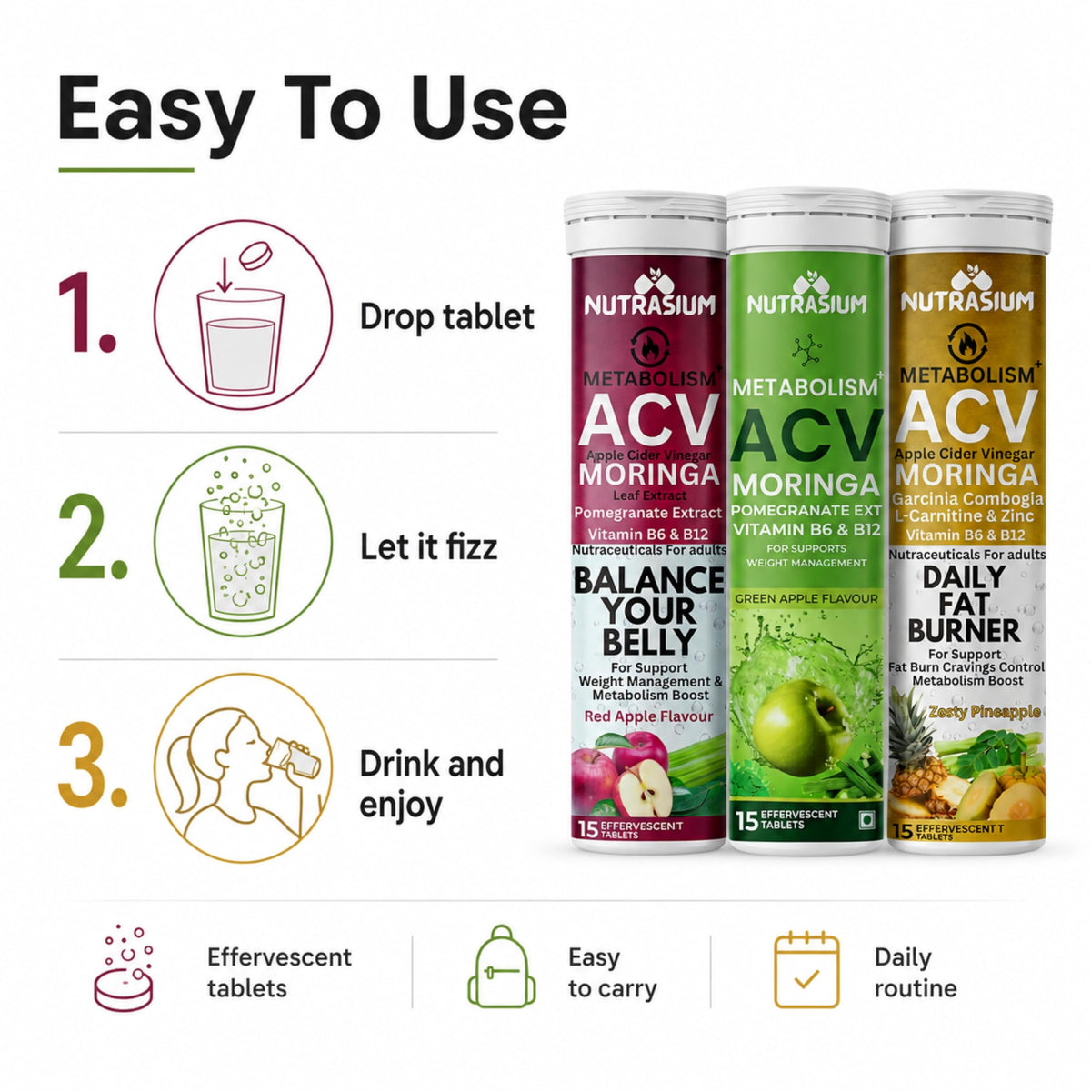 Nutrasium ACV Moringa Metabolism Plus | Apple Cider Vinegar Effervescent Tablet | For Supports Weight Loss, Control Cravings, Convert Fat Into Energy, Boost Energy & Immunity | 90 Tablets Mix Fruit