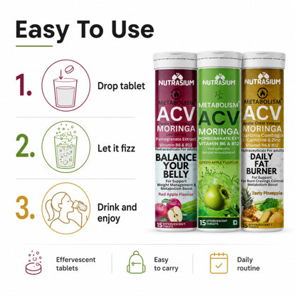 Nutrasium ACV Moringa Metabolism Plus | Apple Cider Vinegar Effervescent Tablet | For Supports Weight Loss, Control Cravings, Convert Fat Into Energy, Boost Energy & Immunity | 45 Tablets Mix Fruit