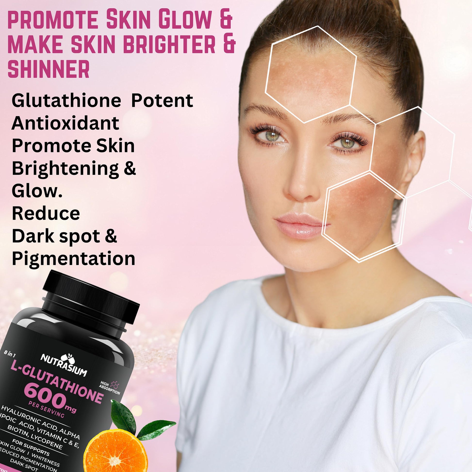 Nutrasium L-Glutathione 600 mg with Hyaluronic Acid & Biotin | For Skin Glow, Hydration, Dark spot & Skin Radiance | Added Vitamin C & E with Lycopene | 90 Tablets