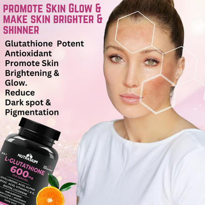 Nutrasium L-Glutathione 600 mg with Hyaluronic Acid & Biotin | For Skin Glow, Hydration, Dark spot & Skin Radiance | Added Vitamin C & E with Lycopene | 90 Tablets