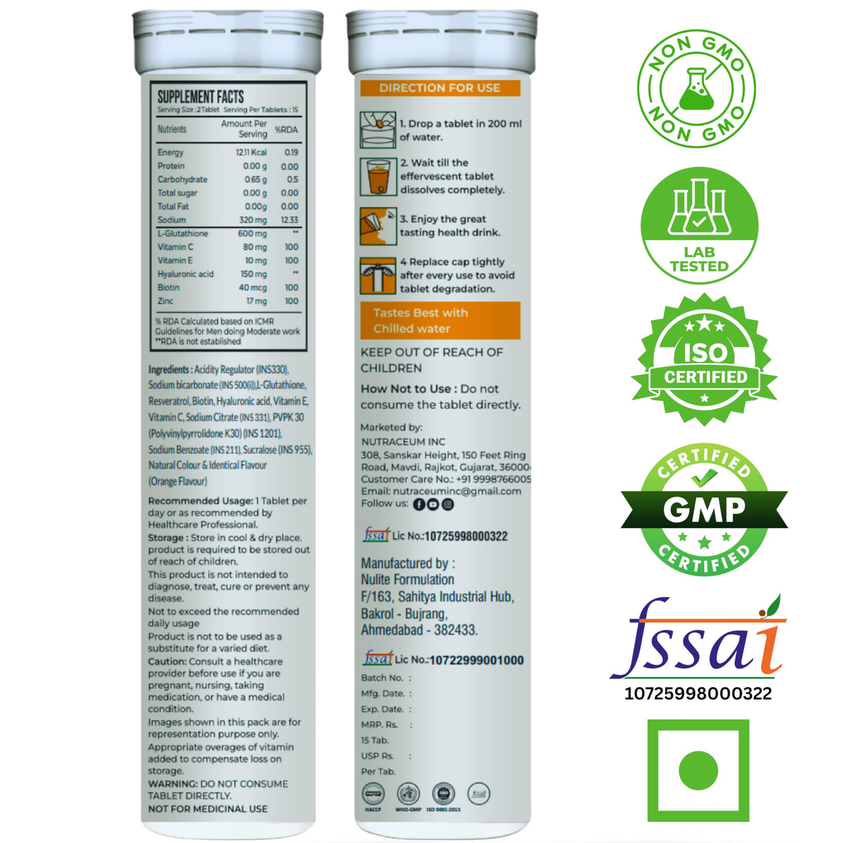 Nutrasium | 600 mg L-Glutathione tablets for Radiant Skin & Even Skin Tone | Glutathione Tablets For Skin Glow & Antipigmentation | 15 Effervescent Tablets, Orange Flavour