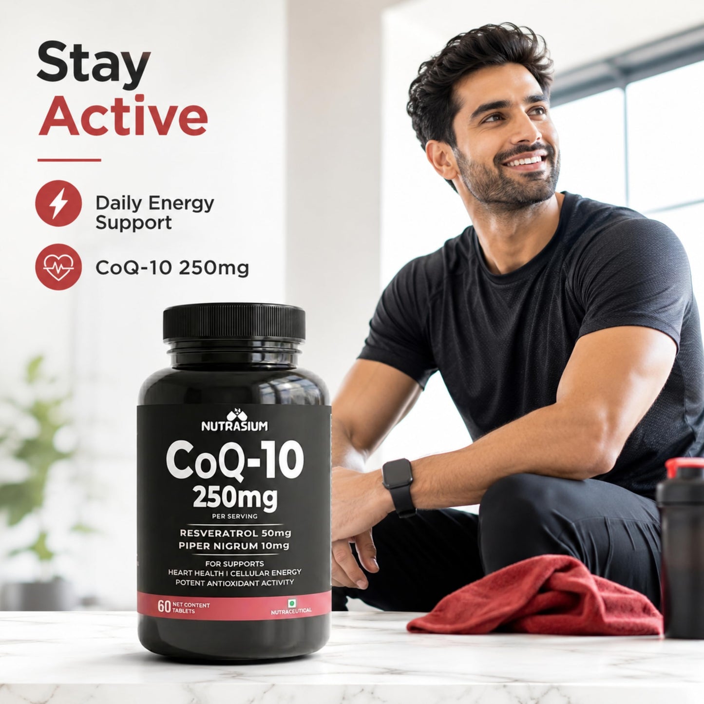 Nutrasium CoQ10 250 mg with Resveratrol | Coenzyme Q10 Supplement for Cellular Energy & Antioxidant Support | Veg Tablets | 60 Tablets | Co-Q10 Supplement