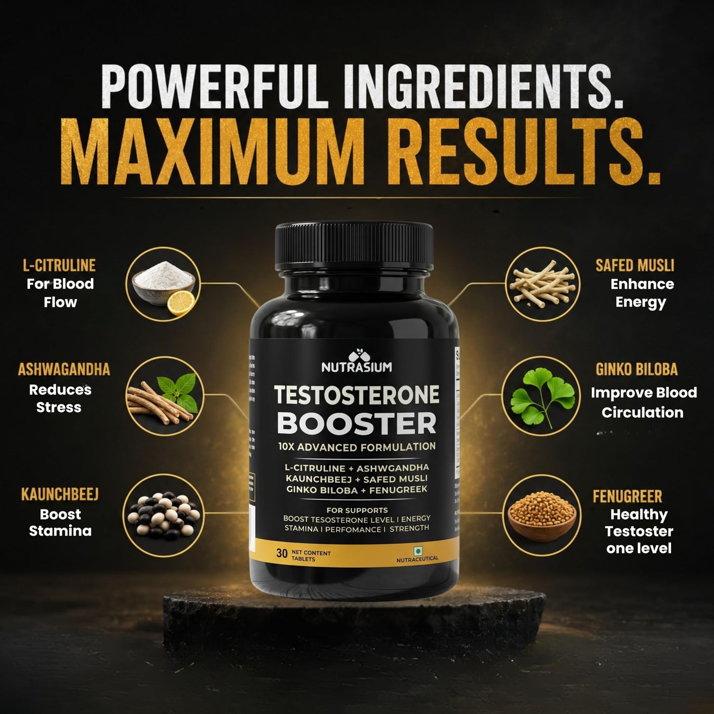 Nutrasium Testosterone Booster Supplement For Men | Testo Booster with Tribulus 1000mg & Ashwagandha 500mg | L-Citrulline & Kaunch Beej | Safed Musli & Ginkgo Biloba | 30 Veg Tablets