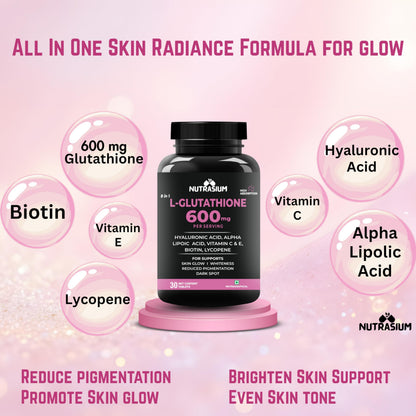 Nutrasium L-Glutathione 600 mg with Hyaluronic Acid & Biotin | For Skin Glow, Hydration, Dark spot & Skin Radiance | Added Vitamin C & E with Lycopene | 90 Tablets