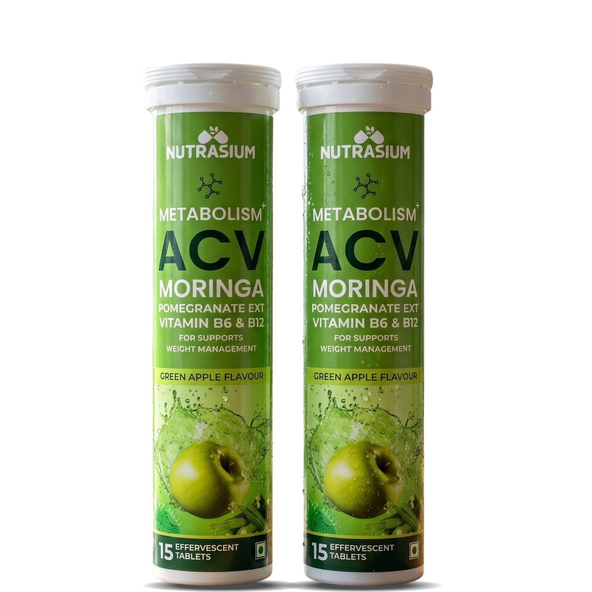 Nutrasium ACV Moringa Metabolism Plus | Apple Cider Vinegar Effervescent Tablet | For Supports Weight Loss, Control Cravings, Convert Fat Into Energy, Boost Energy & Immunity | 30 Tablets Green apple