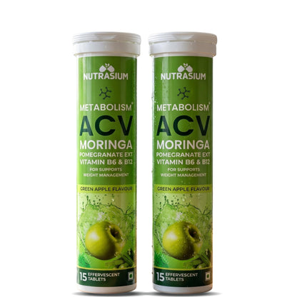 Nutrasium ACV Moringa Metabolism Plus | Apple Cider Vinegar Effervescent Tablet | For Supports Weight Loss, Control Cravings, Convert Fat Into Energy, Boost Energy & Immunity | 30 Tablets Green apple
