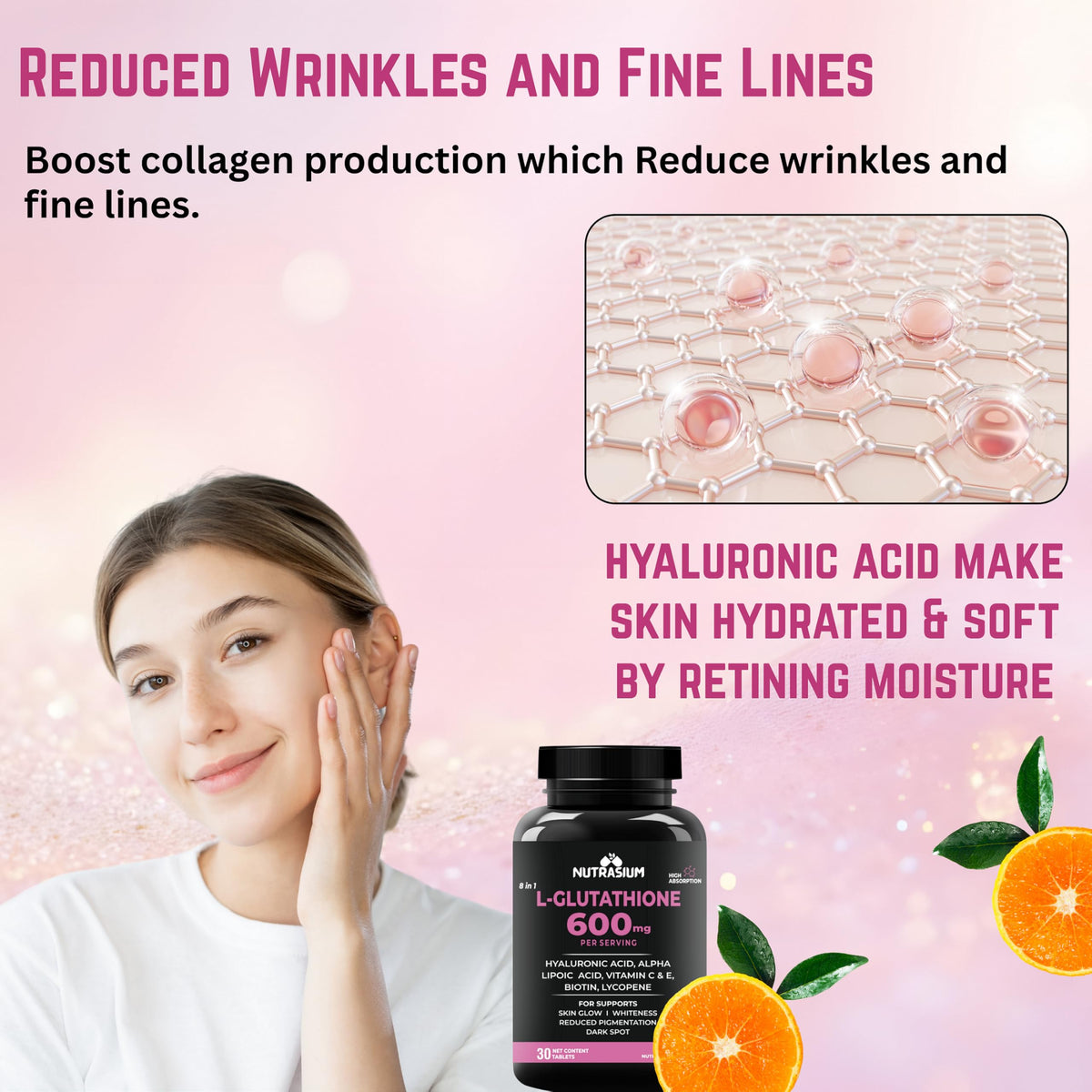 Nutrasium L-Glutathione 600 mg with Hyaluronic Acid & Biotin | For Skin Glow, Hydration, Dark spot & Skin Radiance | Added Vitamin C & E with Lycopene | 90 Tablets
