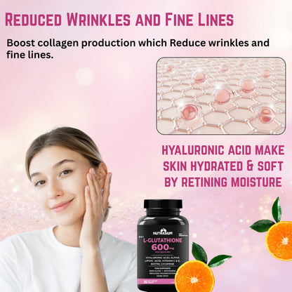 Nutrasium L-Glutathione 600 mg with Hyaluronic Acid & Biotin | For Skin Glow, Hydration, Dark spot & Skin Radiance | Added Vitamin C & E with Lycopene | 90 Tablets