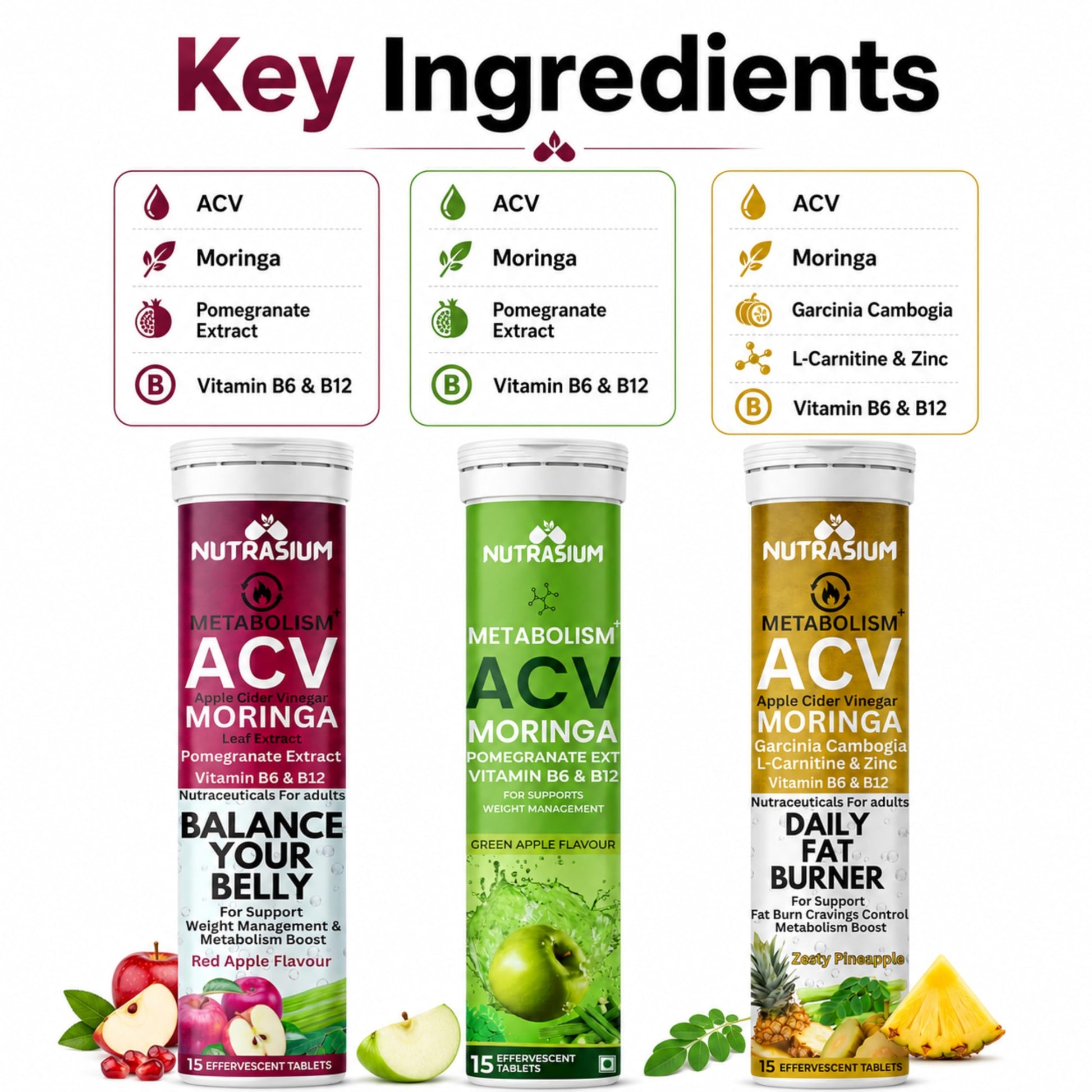 Nutrasium ACV Moringa Metabolism Plus | Apple Cider Vinegar Effervescent Tablet | For Supports Weight Loss, Control Cravings, Convert Fat Into Energy, Boost Energy & Immunity | 90 Tablets Mix Fruit