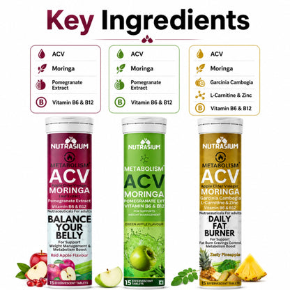 Nutrasium ACV Moringa Metabolism Plus | Apple Cider Vinegar Effervescent Tablet | For Supports Weight Loss, Control Cravings, Convert Fat Into Energy, Boost Energy & Immunity | 90 Tablets Mix Fruit