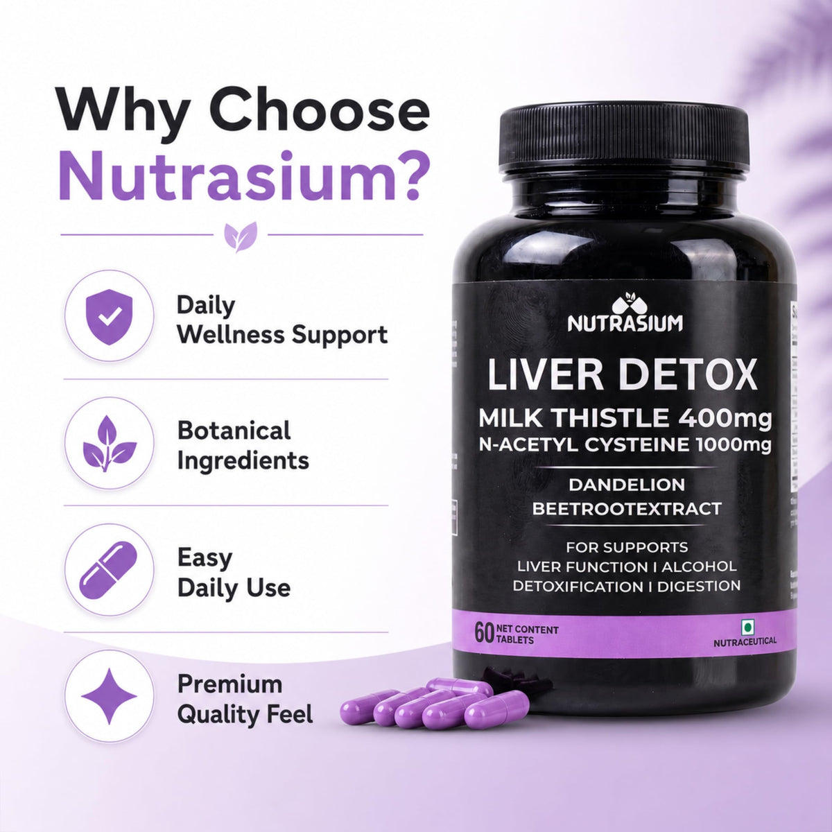 Nutrasium Liver & Lung Detox | Milk Thistle | NAC | Dandelion | 60 Tabs
