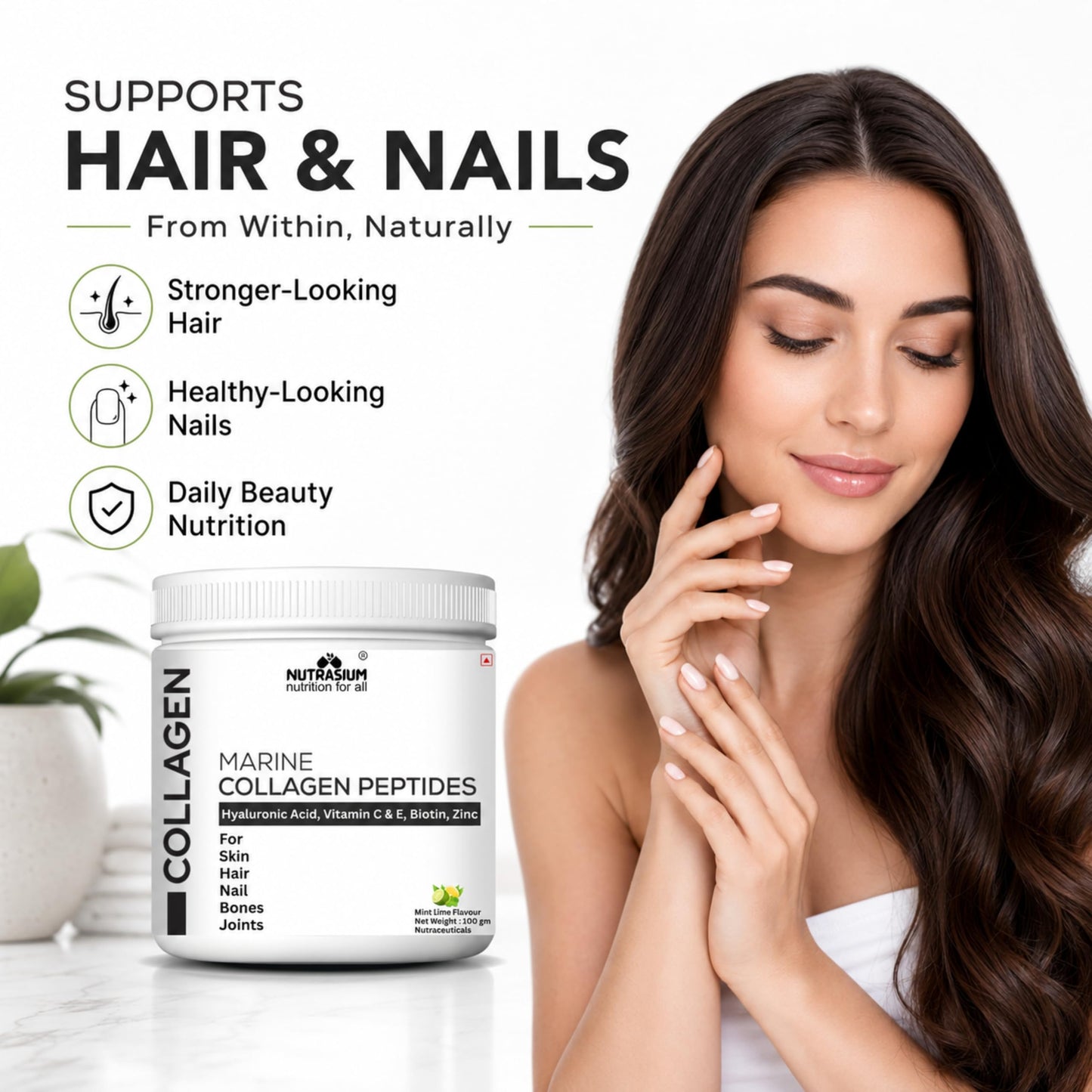 Nutrasium Marine Collagen Supplement with Vitamin C & Hyaluronic acid for Men & Women | Skin, Joints, Hair & Nails | Hydrolyzed Peptides Fast Absorption | Added Biotin & Zinc | 100 Gram Refrashing Lemin Mint Flavour