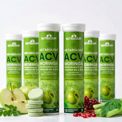 Nutrasium ACV Moringa Metabolism Plus | Apple Cider Vinegar Effervescent Tablet | For Supports Weight Loss, Control Cravings, Convert Fat Into Energy, Boost Energy & Immunity | 90 Tablets Green apple