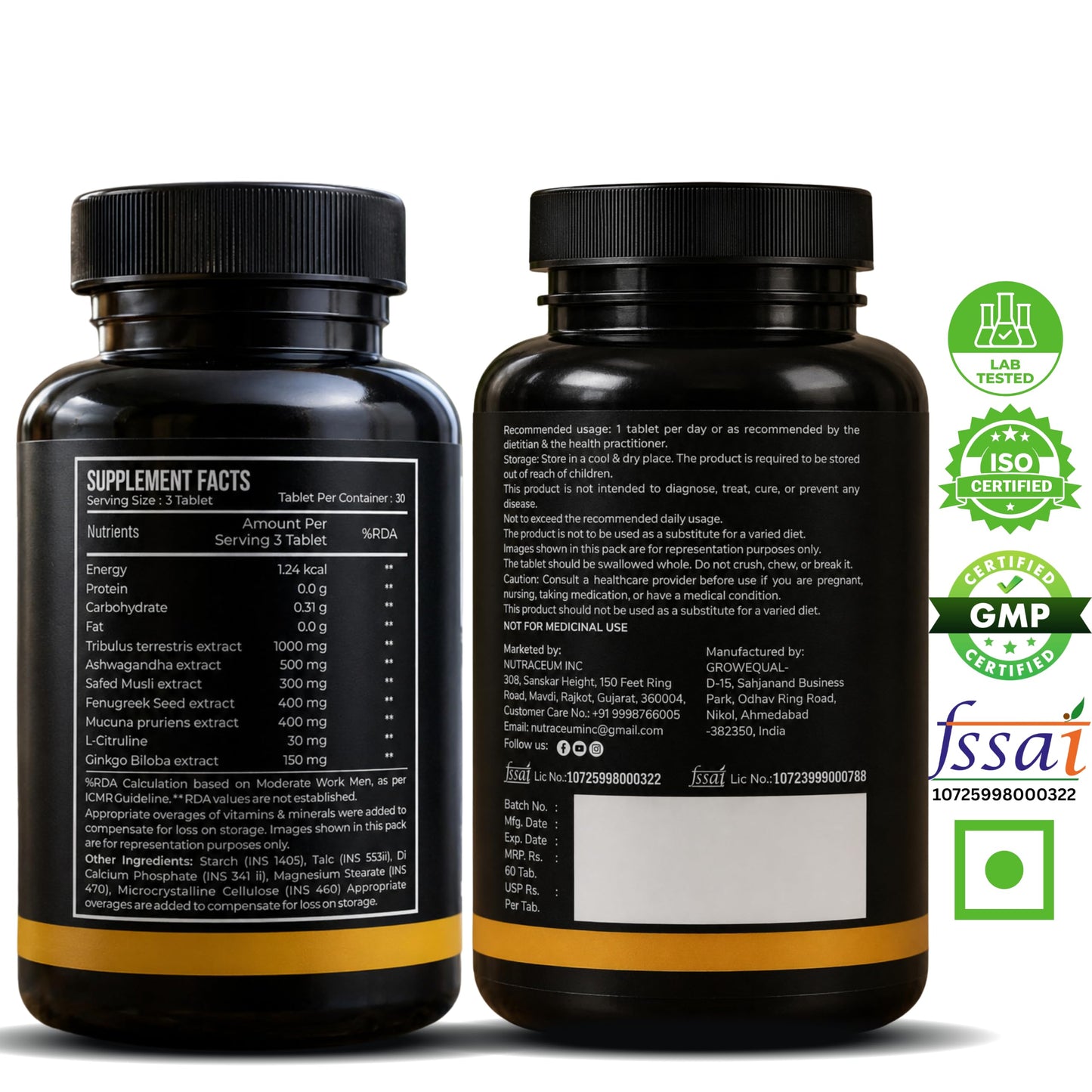 Nutrasium Testosterone Booster Supplement For Men | Testo Booster with Tribulus 1000mg & Ashwagandha 500mg | L-Citrulline & Kaunch Beej | Safed Musli & Ginkgo Biloba | 30 Veg Tablets