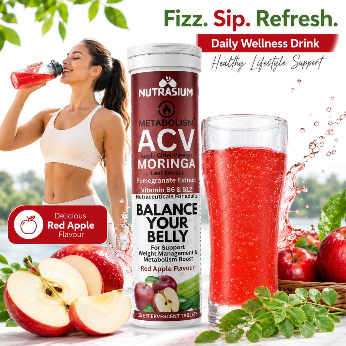 Nutrasium ACV Moringa Metabolism Plus | Apple Cider Vinegar Effervescent Tablet | For Supports Weight Loss, Control Cravings, Convert Fat Into Energy, Boost Energy & Immunity | 30 Tablets Red apple