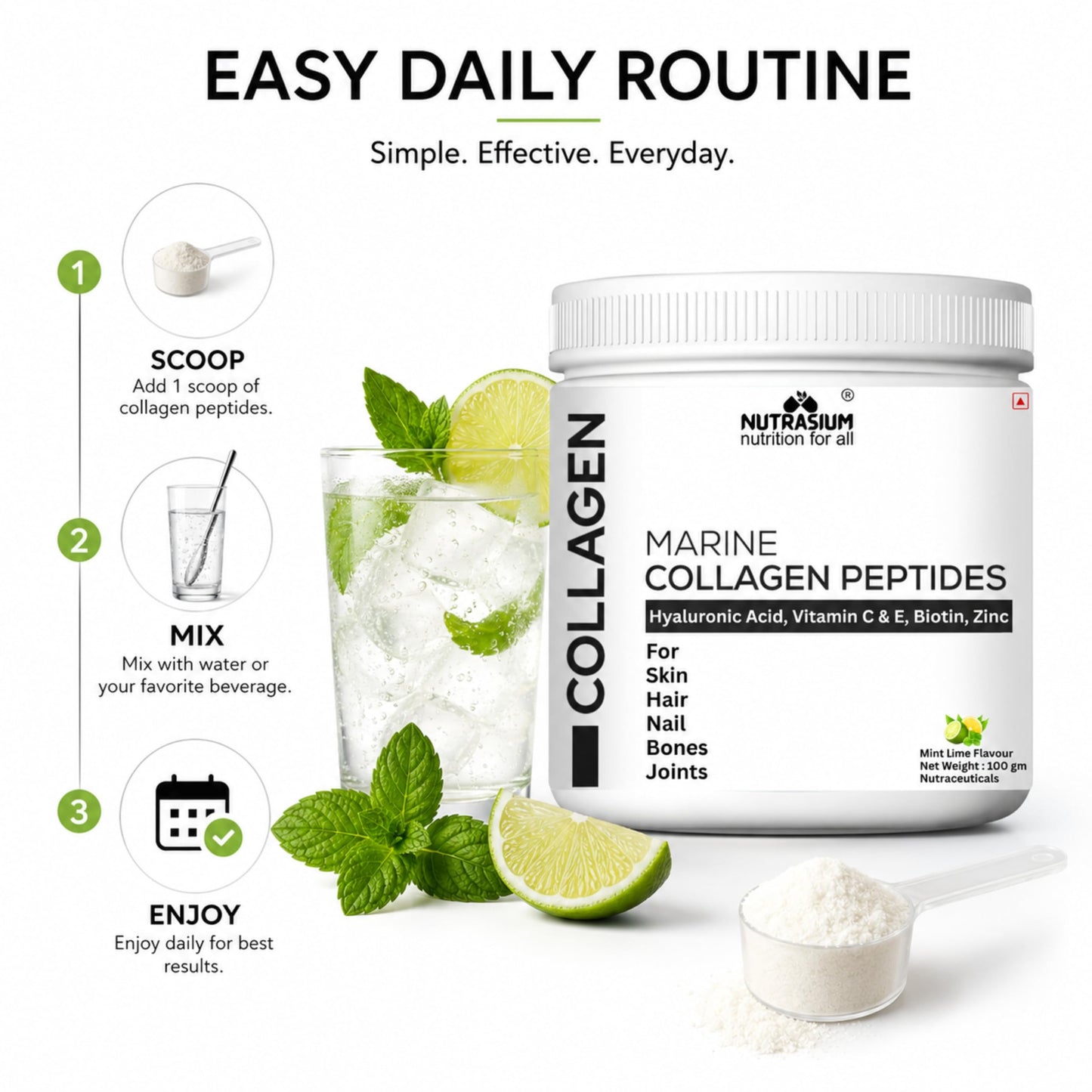 Nutrasium Marine Collagen Supplement with Vitamin C & Hyaluronic acid for Men & Women | Skin, Joints, Hair & Nails | Hydrolyzed Peptides Fast Absorption | Added Biotin & Zinc | 100 Gram Refrashing Lemin Mint Flavour