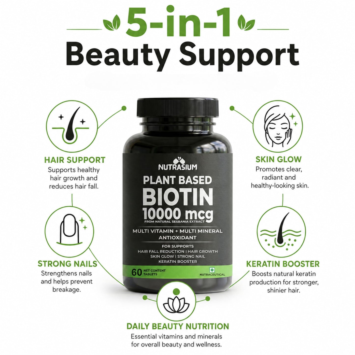 Nutrasium Biotin 10,000 mcg with multivitamin & Minerals | For supports Hair Growth | For Control Hair fall, Hair damge & Hair splitting | 120 tablets