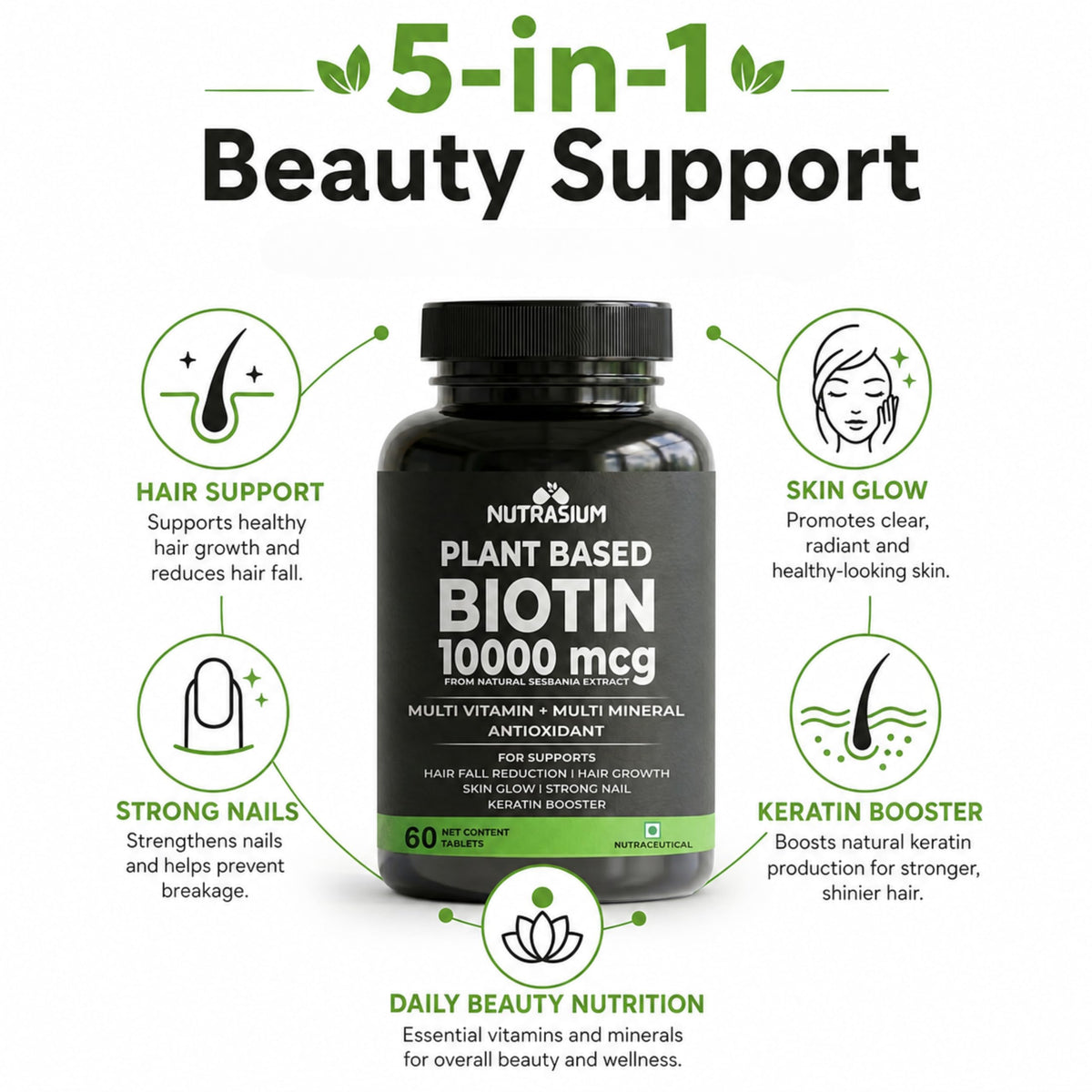 Nutrasium Biotin 10,000 mcg with multivitamin & Minerals | For supports Hair Growth | For Control Hair fall, Hair damge & Hair splitting | 120 tablets