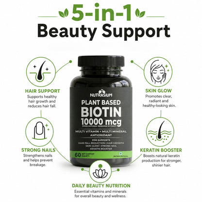 Nutrasium Plant Based Biotin, Collagen Booster, Keratin Builder with Amino Acid and Minerals | For Hair, Skin & Nail Radiance | Hair Vitamin (Biotin Collagen Booster Blend- 60 Tablets)