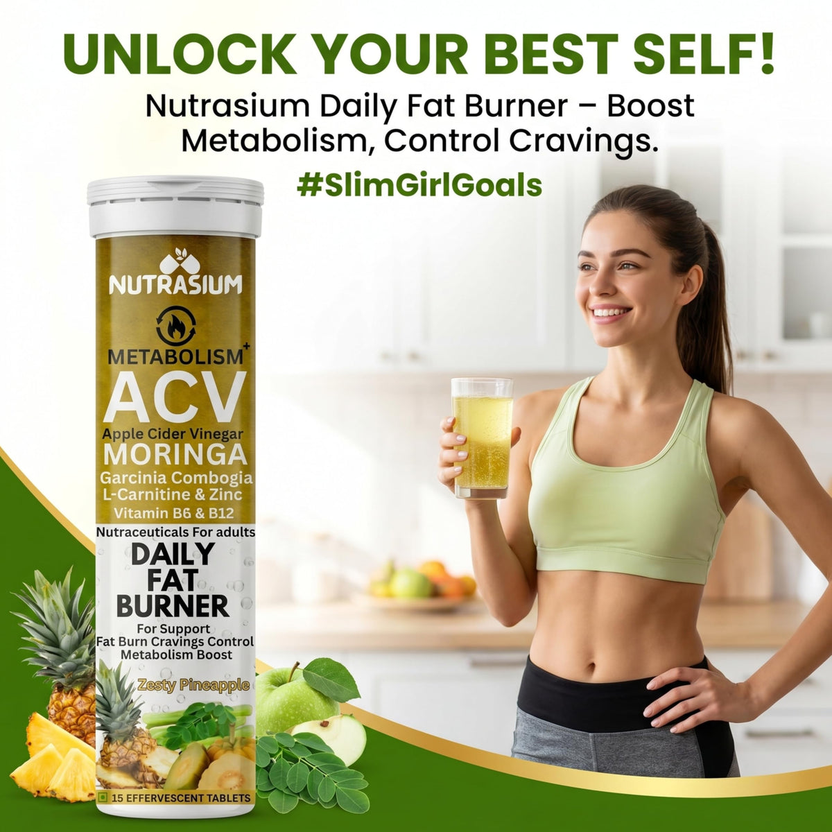 Nutrasium ACV Moringa Metabolism Plus | Apple Cider Vinegar Effervescent Tablet | For Supports Weight Loss, Control Cravings, Convert Fat Into Energy, Boost Energy & Immunity | 15 Tablets Pineapple