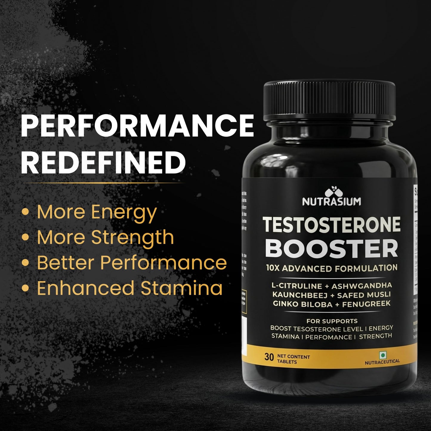 Nutrasium Testosterone Booster Supplement For Men | Testo Booster with Tribulus 1000mg & Ashwagandha 500mg | L-Citrulline & Kaunch Beej | Safed Musli & Ginkgo Biloba | 30 Veg Tablets