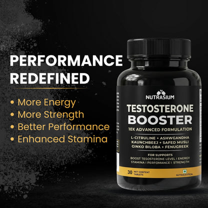 Nutrasium Testosterone Booster Supplement For Men | Testo Booster with Tribulus 1000mg & Ashwagandha 500mg | L-Citrulline & Kaunch Beej | Safed Musli & Ginkgo Biloba | 30 Veg Tablets