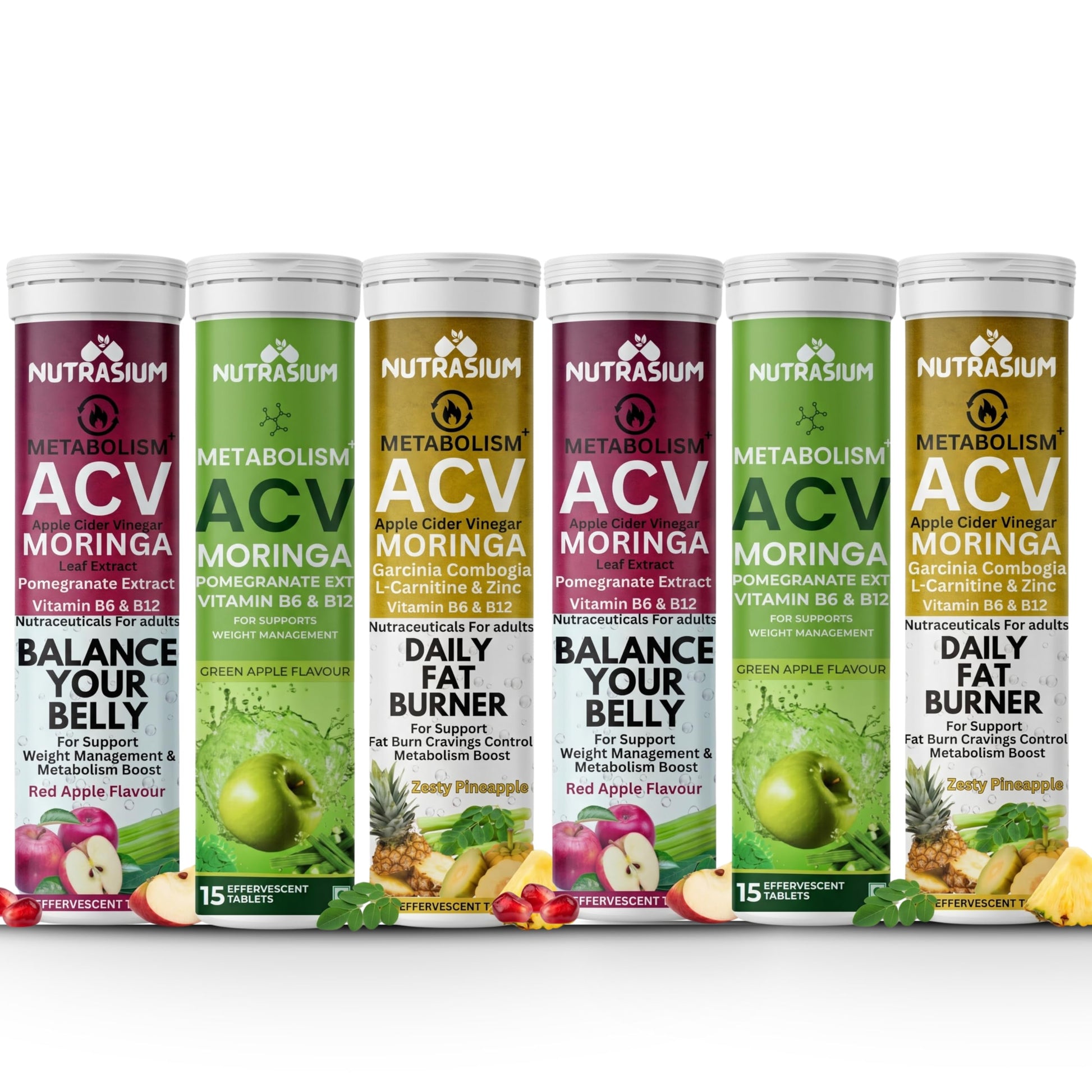 Nutrasium ACV Moringa Metabolism Plus | Apple Cider Vinegar Effervescent Tablet | For Supports Weight Loss, Control Cravings, Convert Fat Into Energy, Boost Energy & Immunity | 90 Tablets Mix Fruit