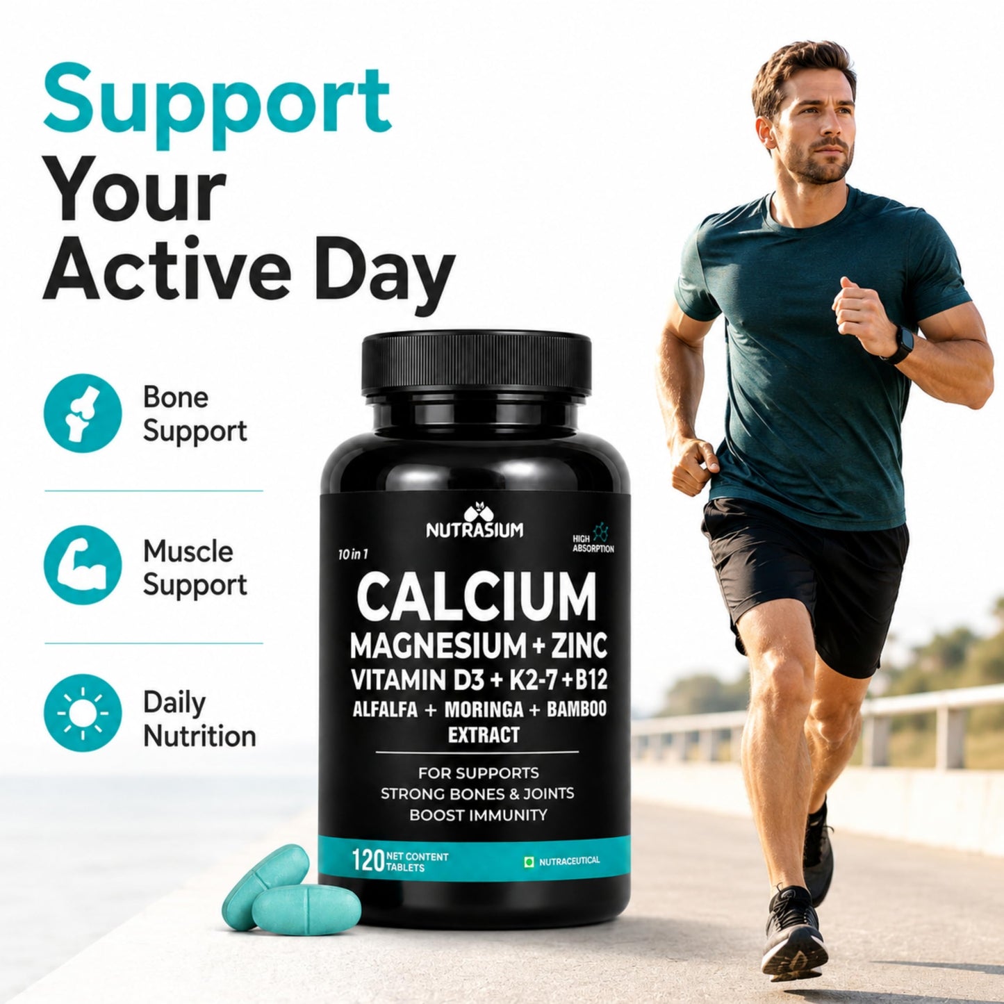 Nutrasium Calcium Magnesium Zinc Tablets with Vitamin D3, Vitamin K2-7 & Vitamin B12 | Alfalfa, Moringa & Bamboo Extract | High Absorption Daily Mineral & Vitamin Supplement | 120 Tablets
