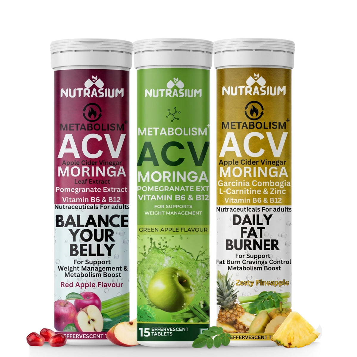 Nutrasium ACV Moringa Metabolism Plus | Apple Cider Vinegar Effervescent Tablet | For Supports Weight Loss, Control Cravings, Convert Fat Into Energy, Boost Energy & Immunity | 45 Tablets Mix Fruit