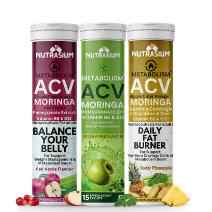 Nutrasium ACV Moringa Metabolism Plus | Apple Cider Vinegar Effervescent Tablet | For Supports Weight Loss, Control Cravings, Convert Fat Into Energy, Boost Energy & Immunity | 45 Tablets Mix Fruit