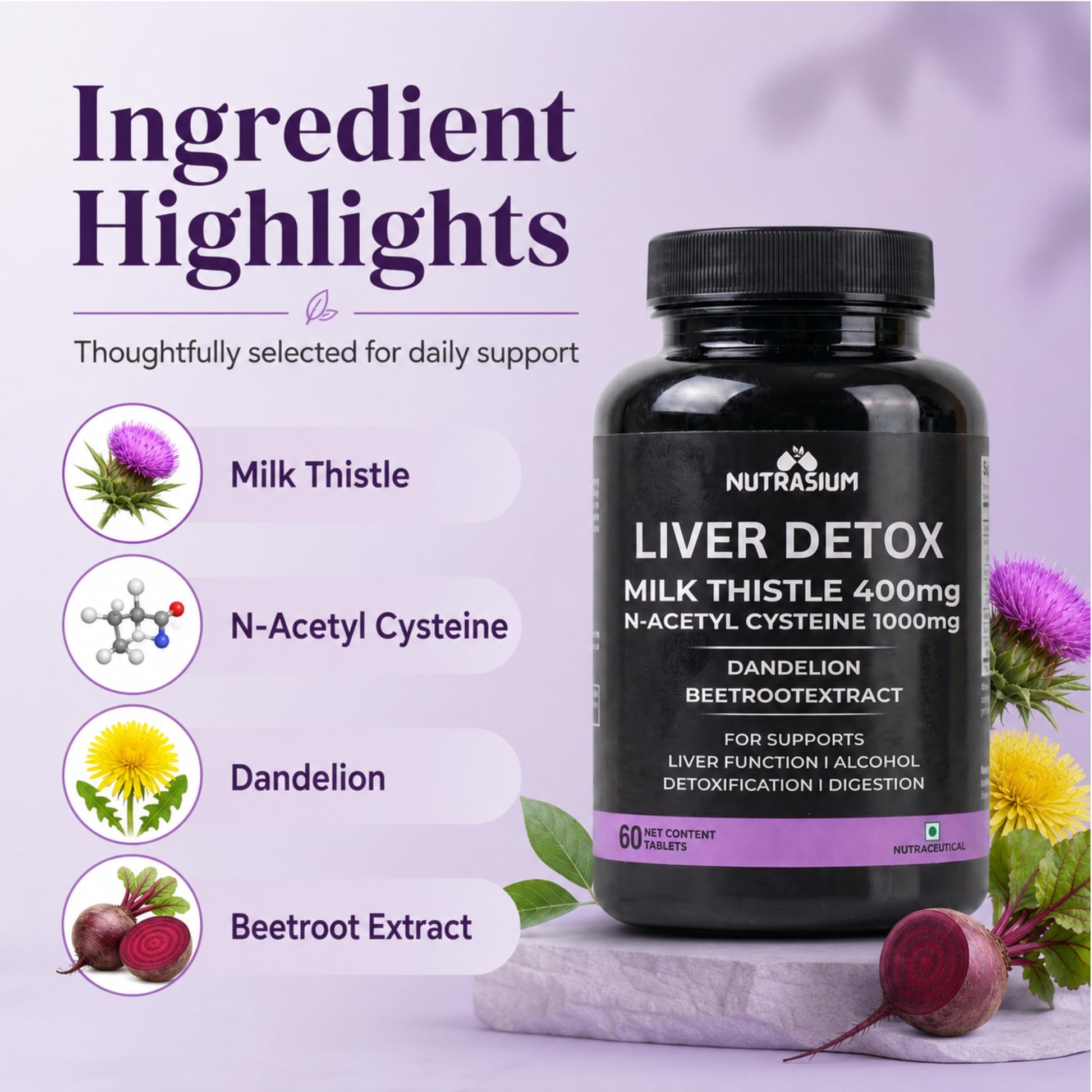Nutrasium Liver & Lung Detox | Milk Thistle | NAC | Dandelion | 60 Tabs