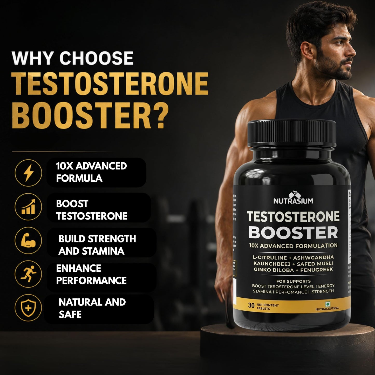 Nutrasium Testosterone Booster Supplement For Men | Testo Booster with Tribulus 1000mg & Ashwagandha 500mg | L-Citrulline & Kaunch Beej | Safed Musli & Ginkgo Biloba | 30 Veg Tablets