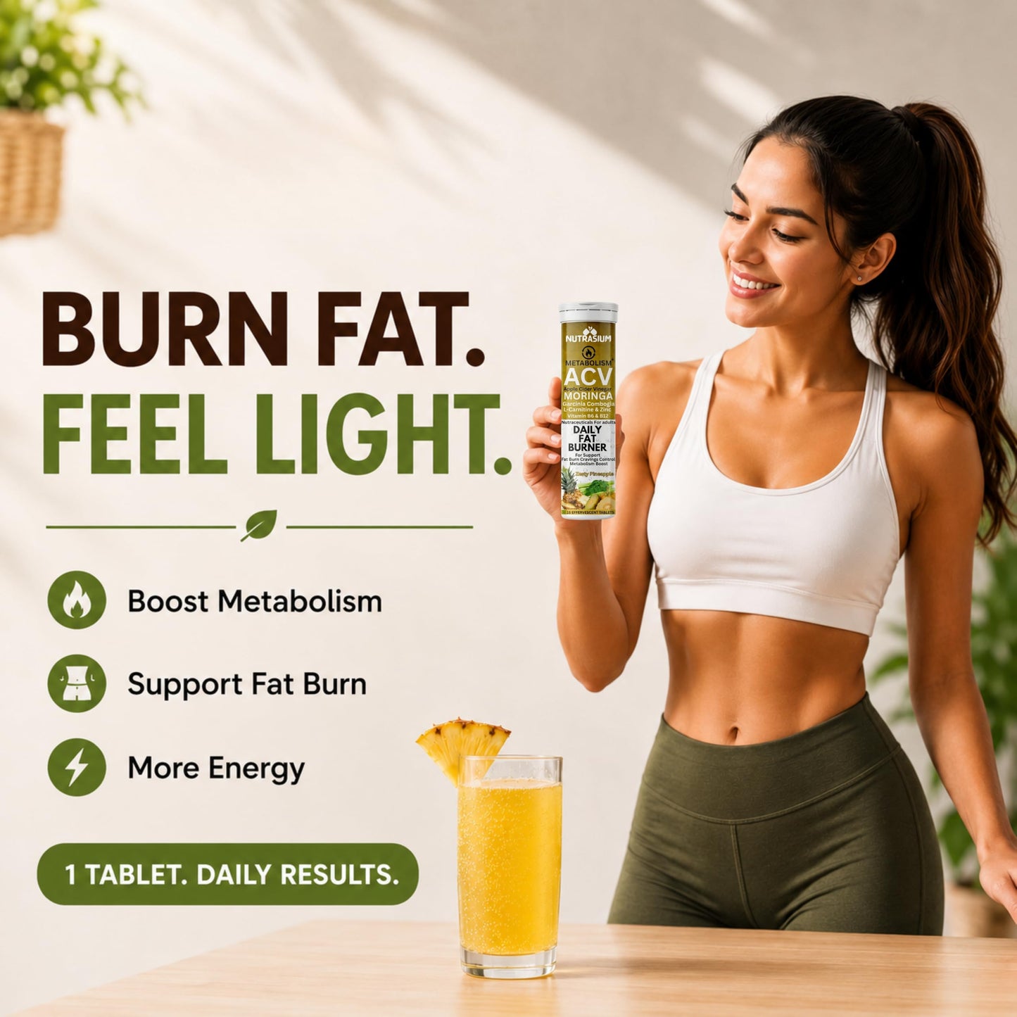 Nutrasium ACV Moringa Metabolism Plus | Apple Cider Vinegar Effervescent Tablet | For Supports Weight Loss, Control Cravings, Convert Fat Into Energy, Boost Energy & Immunity | 15 Tablets Pineapple