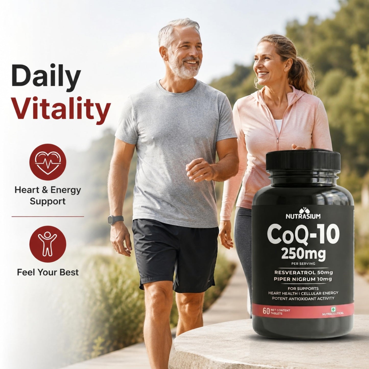 Nutrasium CoQ10 250 mg with Resveratrol | Coenzyme Q10 Supplement for Cellular Energy & Antioxidant Support | Veg Tablets | 60 Tablets | Co-Q10 Supplement