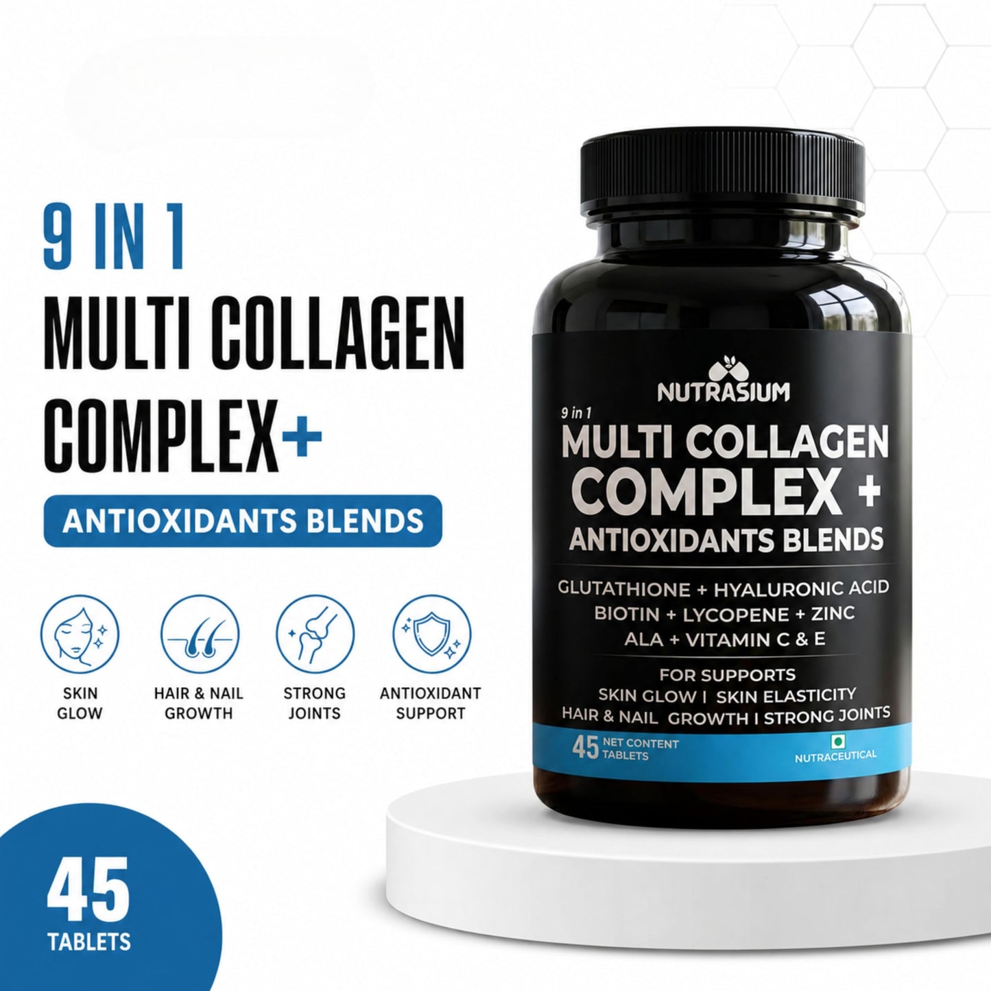 Nutrasium Multi Collagen | Glutathione & Hyaluronic Acid | Skin Radiance | 45 Tabs