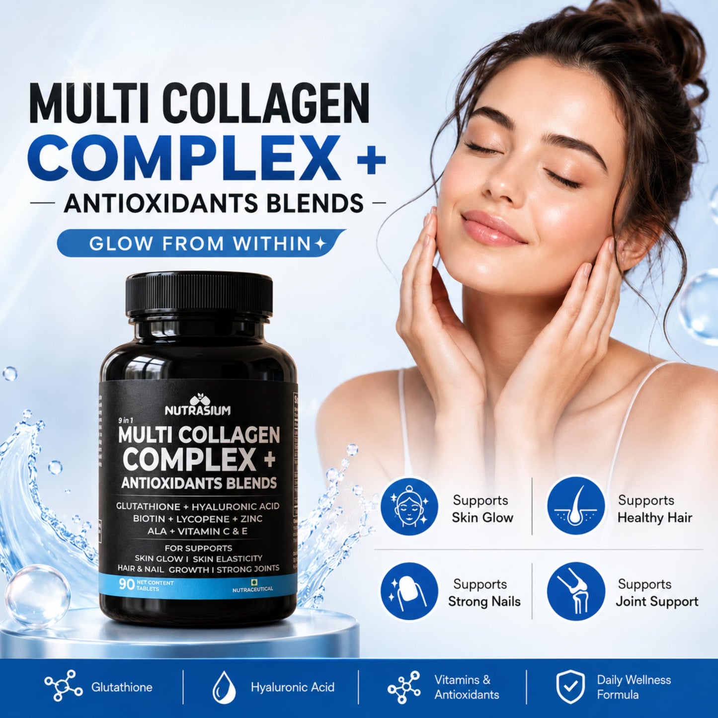 Nutrasium Multi Collagen Complex | Glutathione | Hyaluronic Acid | Skin & Hair | 90 Tabs
