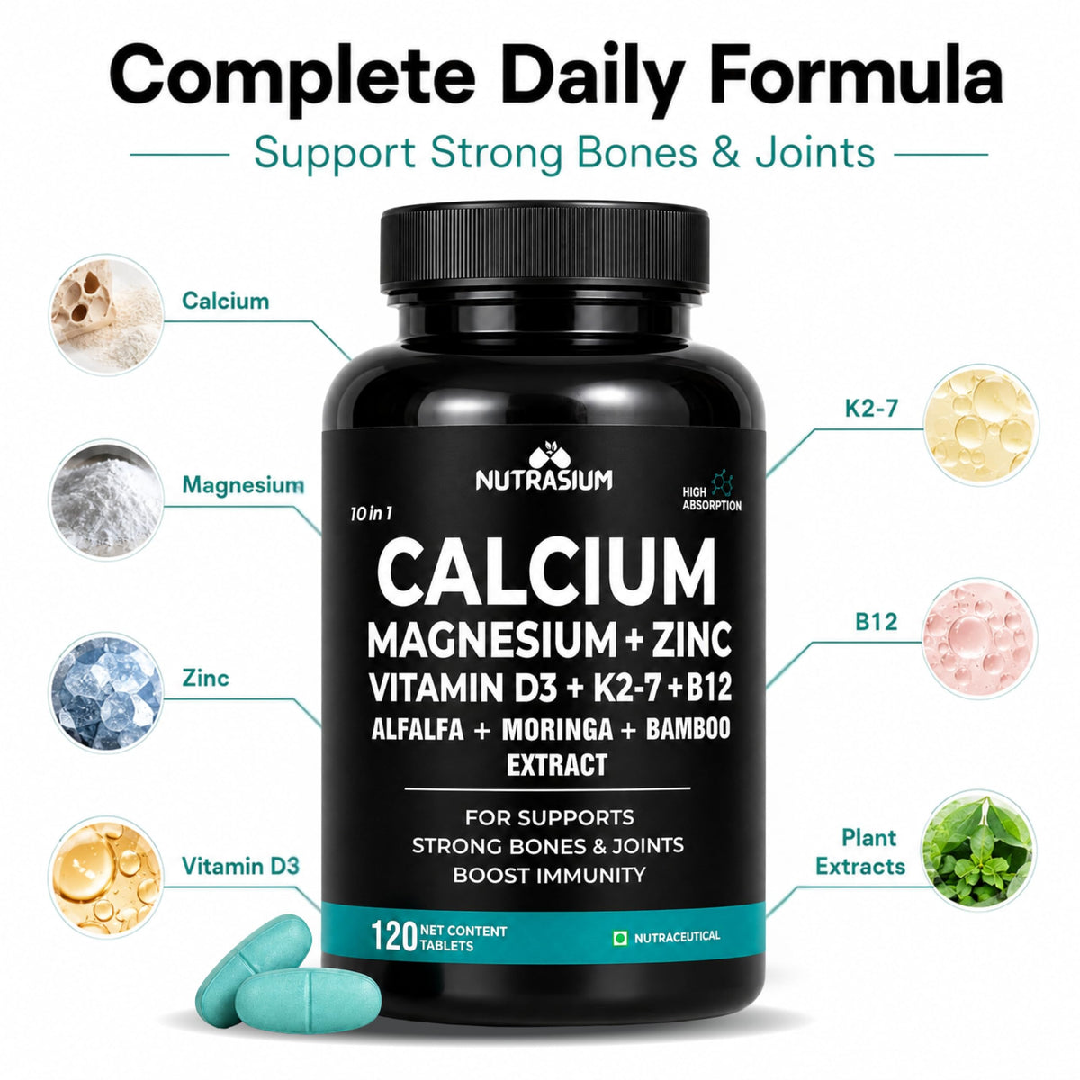 Nutrasium Calcium Magnesium Zinc Tablets with Vitamin D3, Vitamin K2-7 & Vitamin B12 | Alfalfa, Moringa & Bamboo Extract | High Absorption Daily Mineral & Vitamin Supplement | 120 Tablets