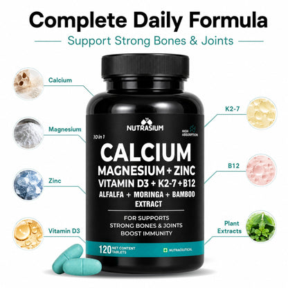Nutrasium Calcium Magnesium Zinc Tablets with Vitamin D3, Vitamin K2-7 & Vitamin B12 | Alfalfa, Moringa & Bamboo Extract | High Absorption Daily Mineral & Vitamin Supplement | 120 Tablets