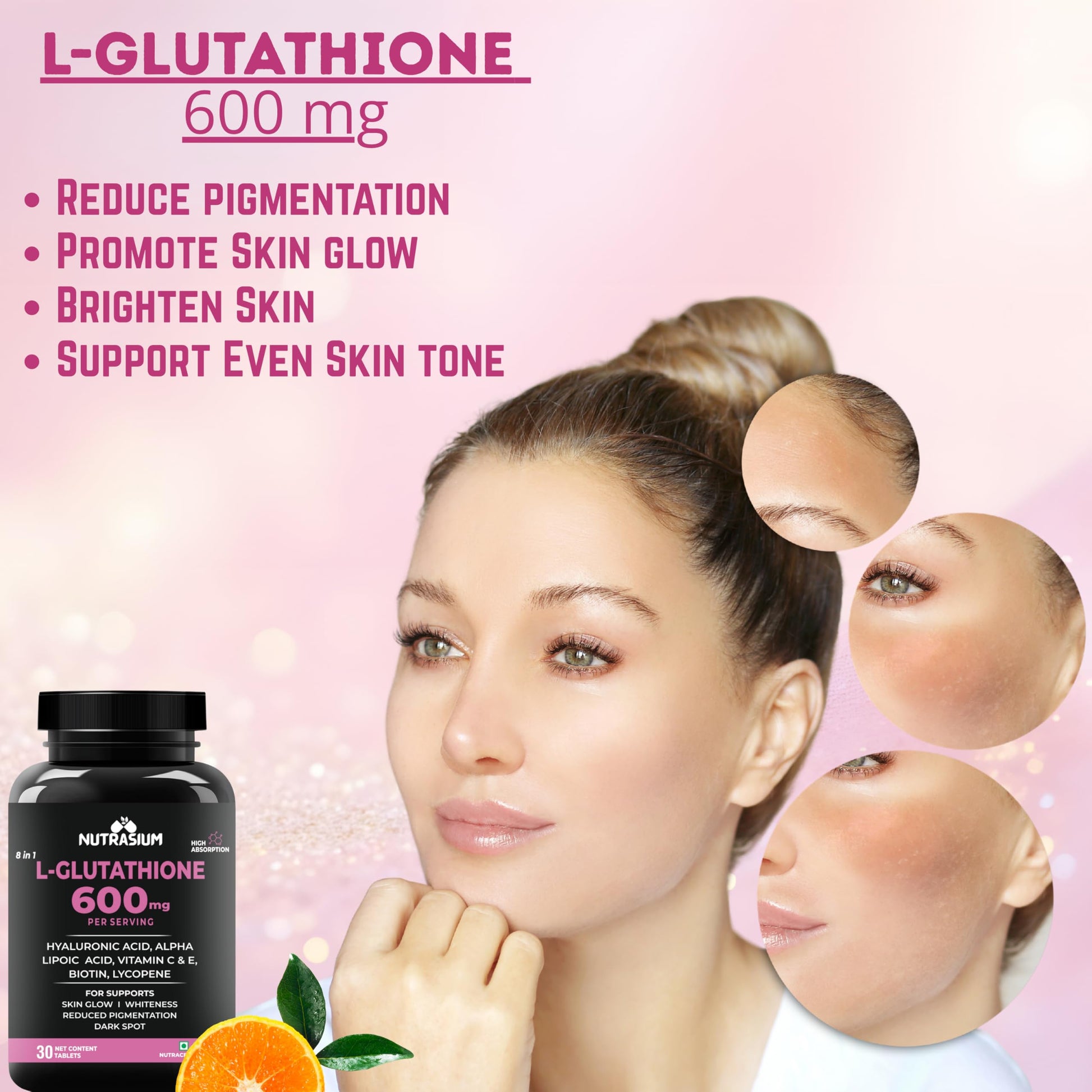 Nutrasium L-Glutathione 600 mg with Hyaluronic Acid & Biotin | For Skin Glow, Hydration, Dark spot & Skin Radiance | Added Vitamin C & E with Lycopene | 90 Tablets