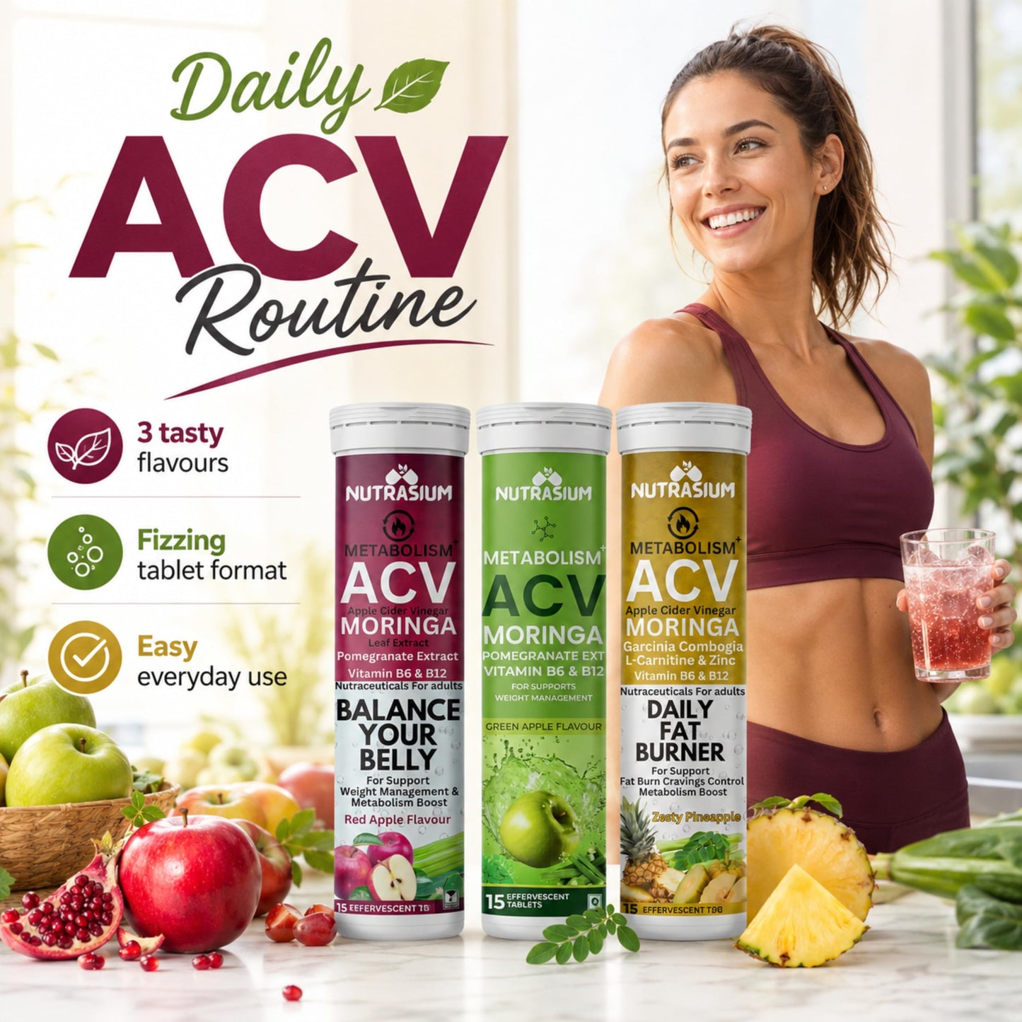 Nutrasium ACV Moringa Metabolism Plus | Apple Cider Vinegar Effervescent Tablet | For Supports Weight Loss, Control Cravings, Convert Fat Into Energy, Boost Energy & Immunity | 45 Tablets Mix Fruit